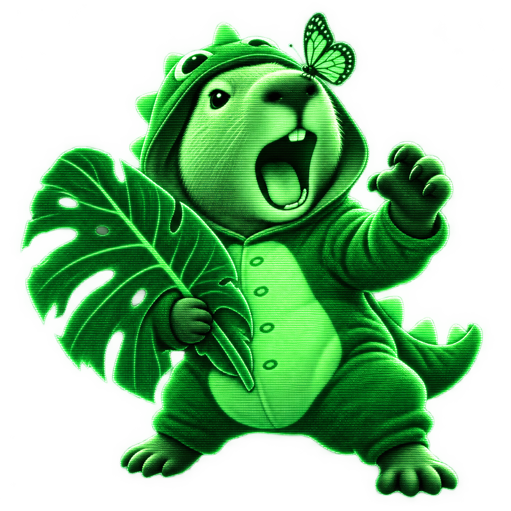Cutout illustration of Dino Capy roaring while holding a large leaf, with a butterfly on his nose