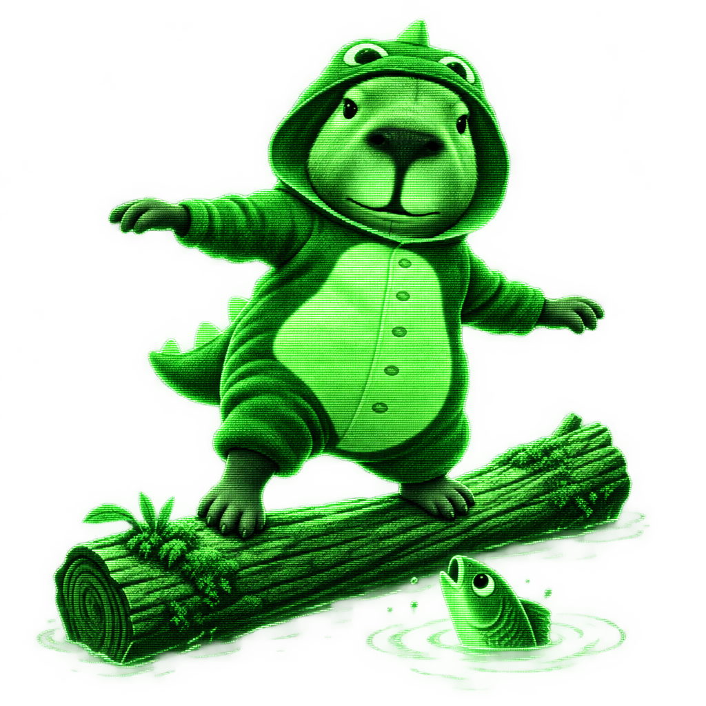 Cutout illustration of Dino Capy balancing on a log over water, with a fish watching