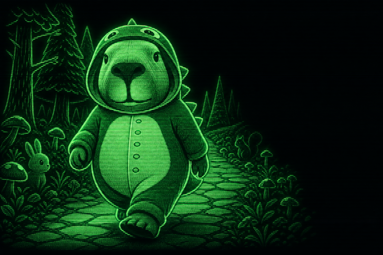 Dino Capy walking down a forest path past mushrooms and rabbits, rendered in green scanlines